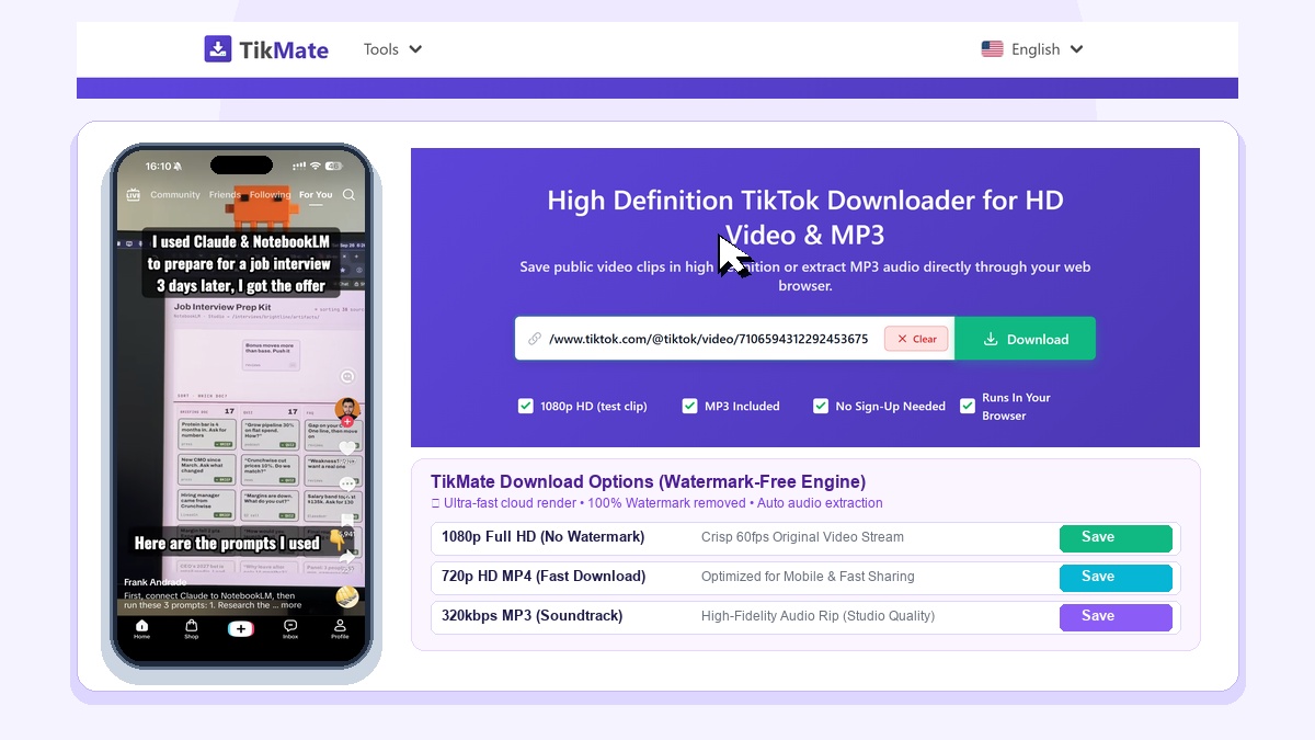 TikMate Download TikTok Videos Without Watermark HD
