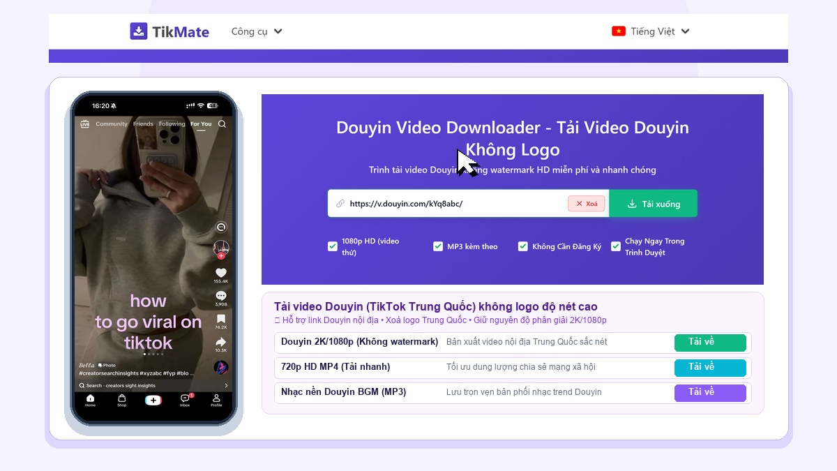 TikMate Tải Video Douyin Không Logo