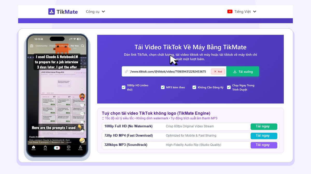 TikMate Tải Video TikTok Không Logo Full HD