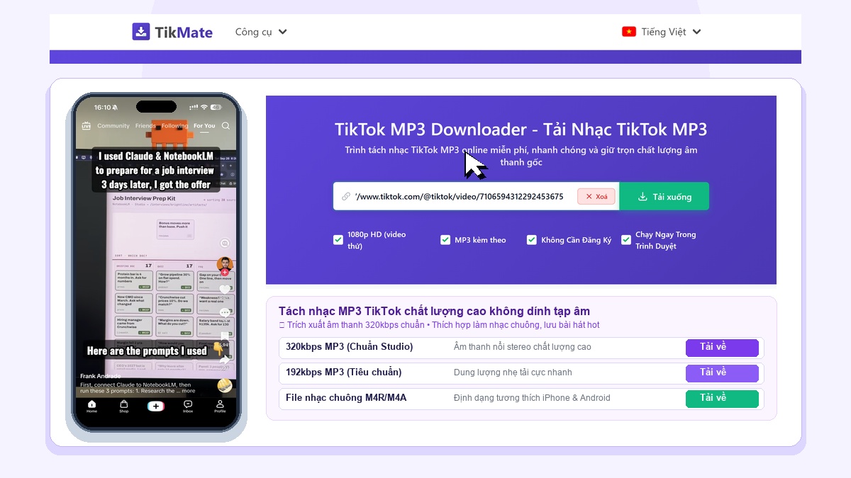 TikMate Tách Nhạc TikTok MP3 320kbps