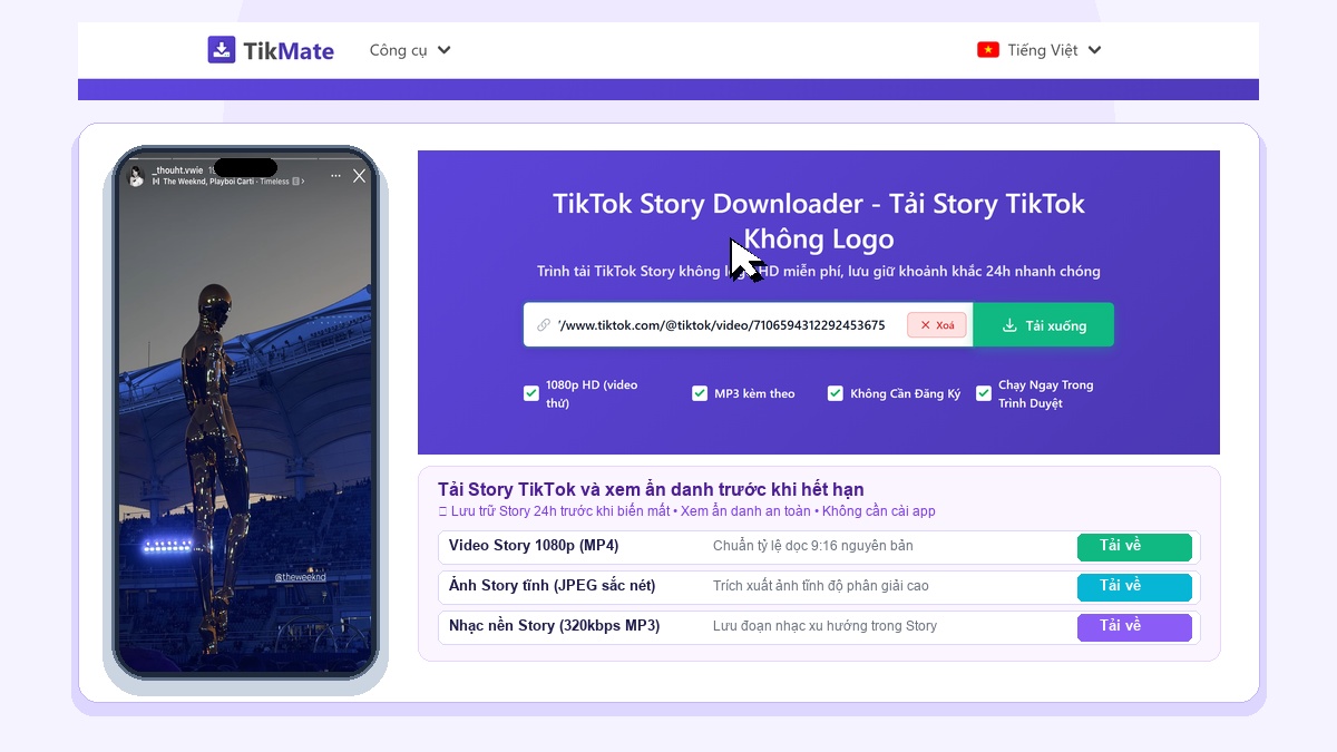 TikMate Tải Story TikTok Ẩn Danh